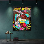 Obraz na płótnie Sknerus McKwacz Work Hard. Nowoczesna sztuka pop-art, wydruk galeryjny z motywem diamentów i pieniędzy. Limitowana dekoracja motywacyjna.