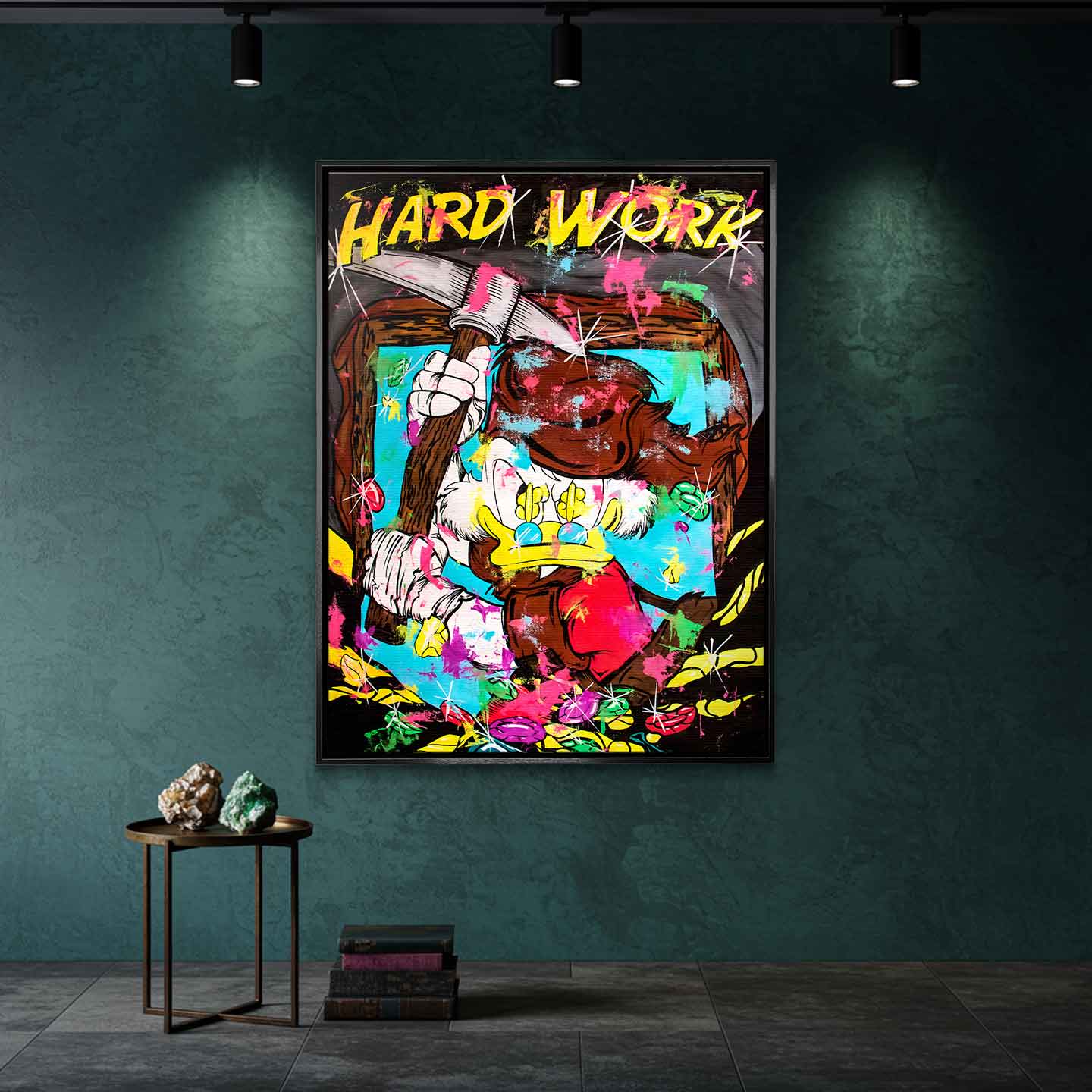 Obraz na płótnie Sknerus McKwacz Work Hard. Nowoczesna sztuka pop-art, wydruk galeryjny z motywem diamentów i pieniędzy. Limitowana dekoracja motywacyjna.