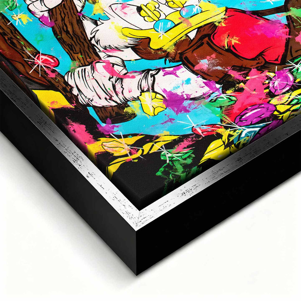 Obraz na płótnie Sknerus McKwacz Work Hard. Nowoczesna sztuka pop-art, wydruk galeryjny z motywem diamentów i pieniędzy. Limitowana dekoracja motywacyjna.