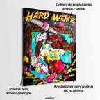 Obraz na płótnie Sknerus McKwacz Work Hard. Nowoczesna sztuka pop-art, wydruk galeryjny z motywem diamentów i pieniędzy. Limitowana dekoracja motywacyjna.