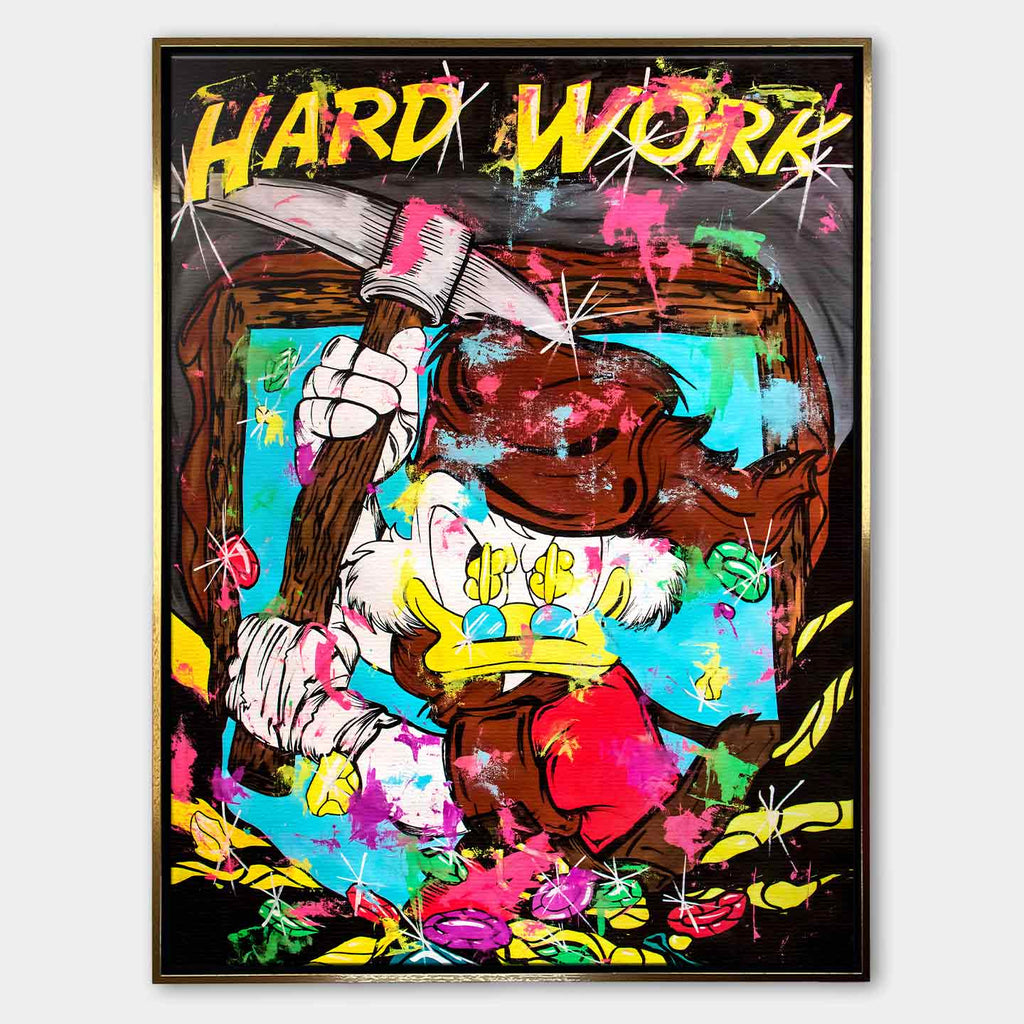 Obraz na płótnie Sknerus McKwacz Work Hard. Nowoczesna sztuka pop-art, wydruk galeryjny z motywem diamentów i pieniędzy. Limitowana dekoracja motywacyjna.