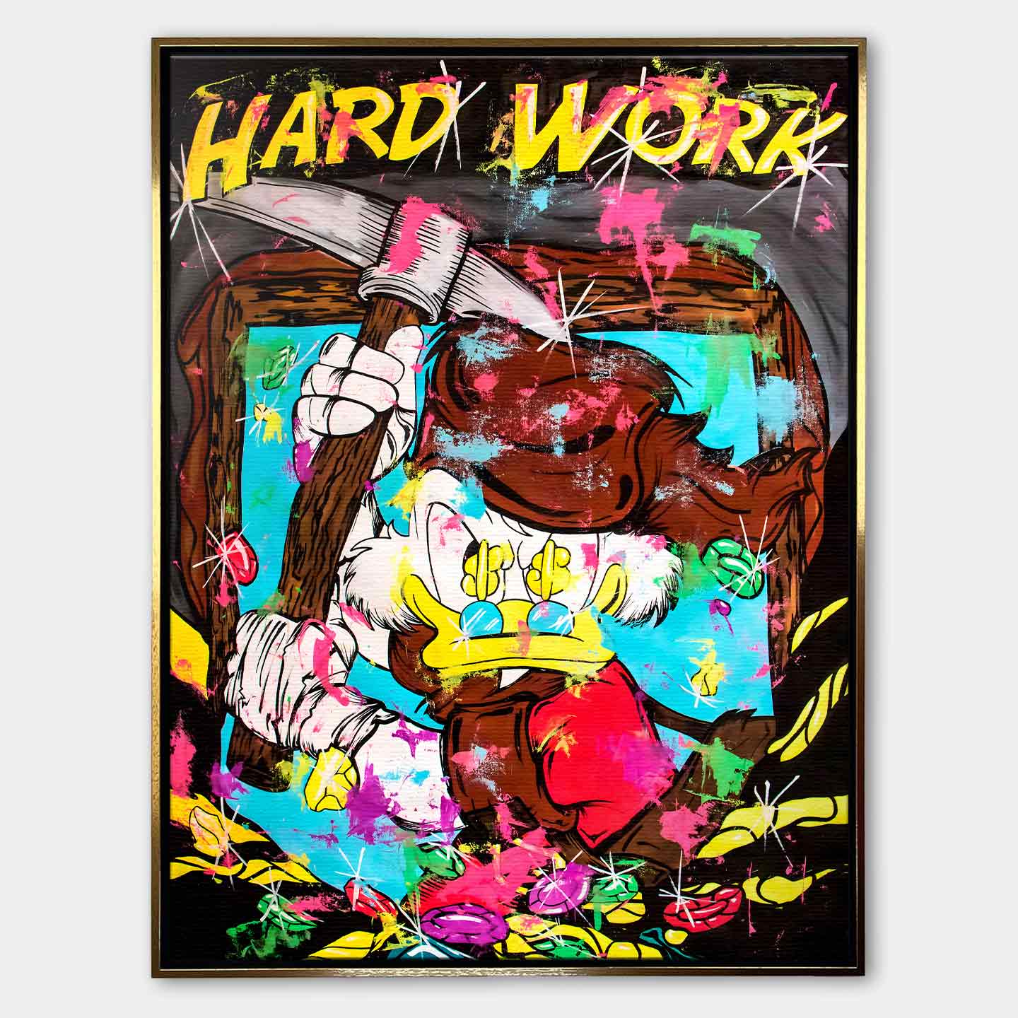 Obraz na płótnie Sknerus McKwacz Work Hard. Nowoczesna sztuka pop-art, wydruk galeryjny z motywem diamentów i pieniędzy. Limitowana dekoracja motywacyjna.