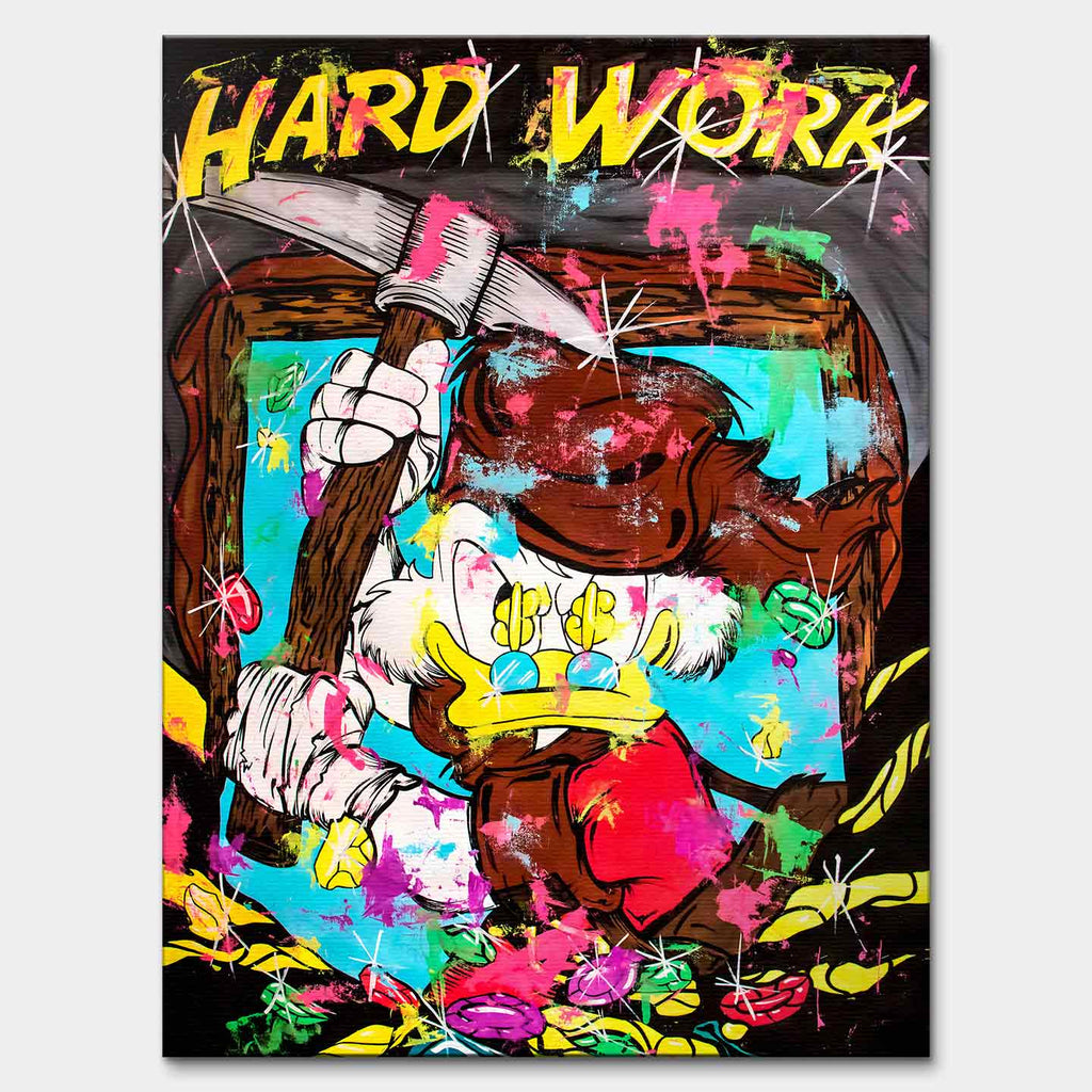 Obraz na płótnie Sknerus McKwacz Work Hard. Nowoczesna sztuka pop-art, wydruk galeryjny z motywem diamentów i pieniędzy. Limitowana dekoracja motywacyjna.