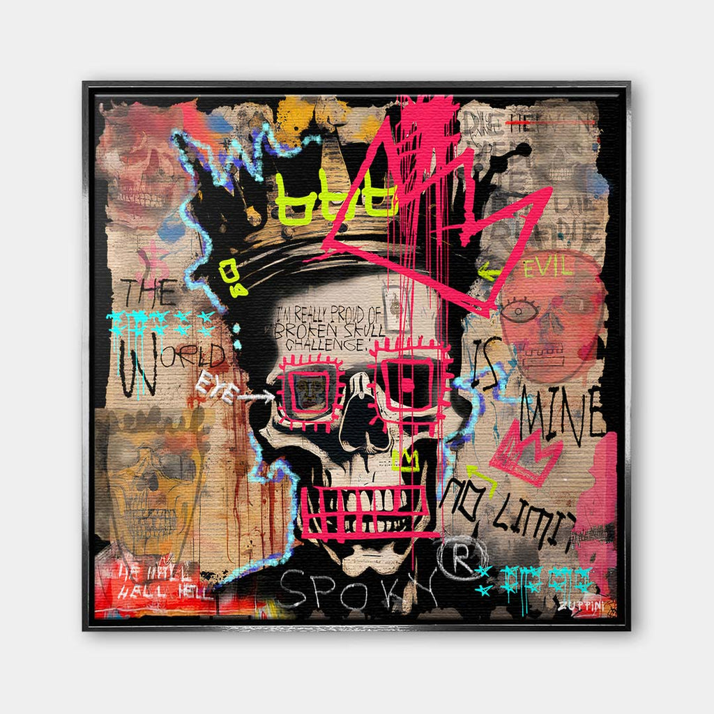 Nowoczesny obraz na płótnie w stylu graffiti przedstawiający czaszkę w koronie z napisami The World Is Mine i No Limit. Kolorowy wydruk galeryjny street art.