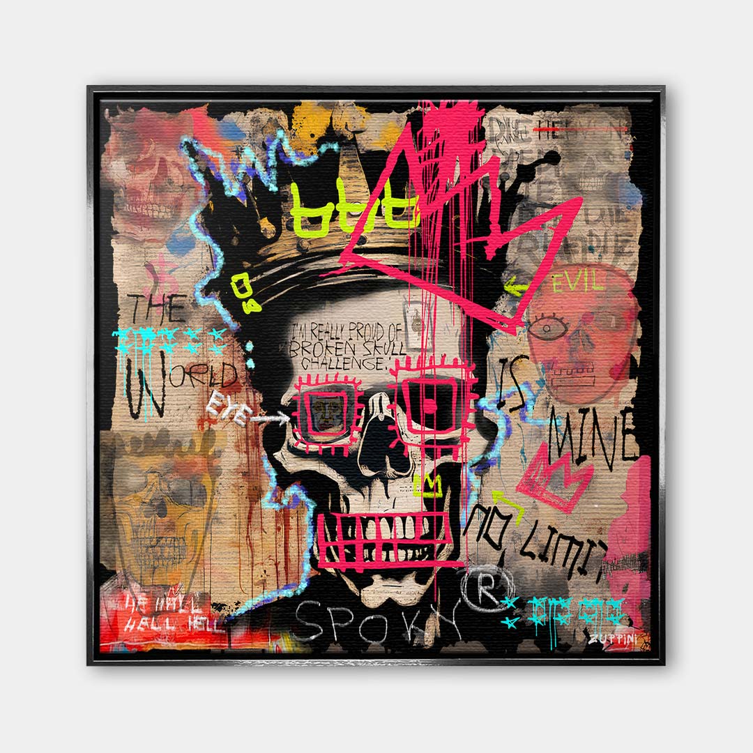 Nowoczesny obraz na płótnie w stylu graffiti przedstawiający czaszkę w koronie z napisami The World Is Mine i No Limit. Kolorowy wydruk galeryjny street art.