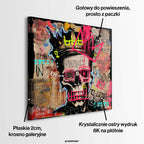 Nowoczesny obraz na płótnie w stylu graffiti przedstawiający czaszkę w koronie z napisami The World Is Mine i No Limit. Kolorowy wydruk galeryjny street art.