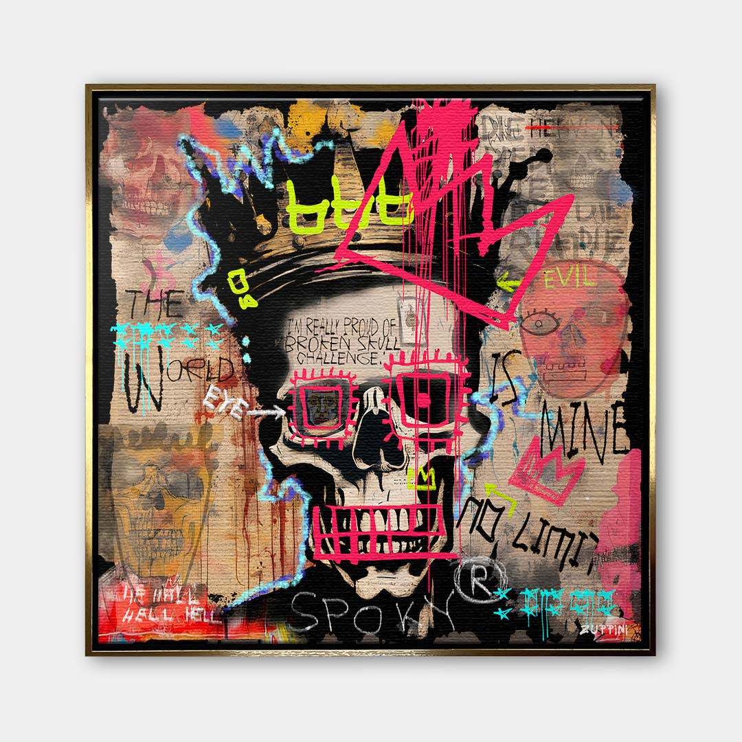 Nowoczesny obraz na płótnie w stylu graffiti przedstawiający czaszkę w koronie z napisami The World Is Mine i No Limit. Kolorowy wydruk galeryjny street art.