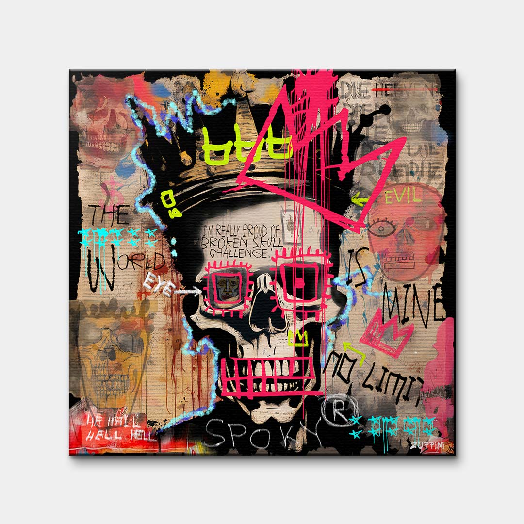 Nowoczesny obraz na płótnie w stylu graffiti przedstawiający czaszkę w koronie z napisami The World Is Mine i No Limit. Kolorowy wydruk galeryjny street art.