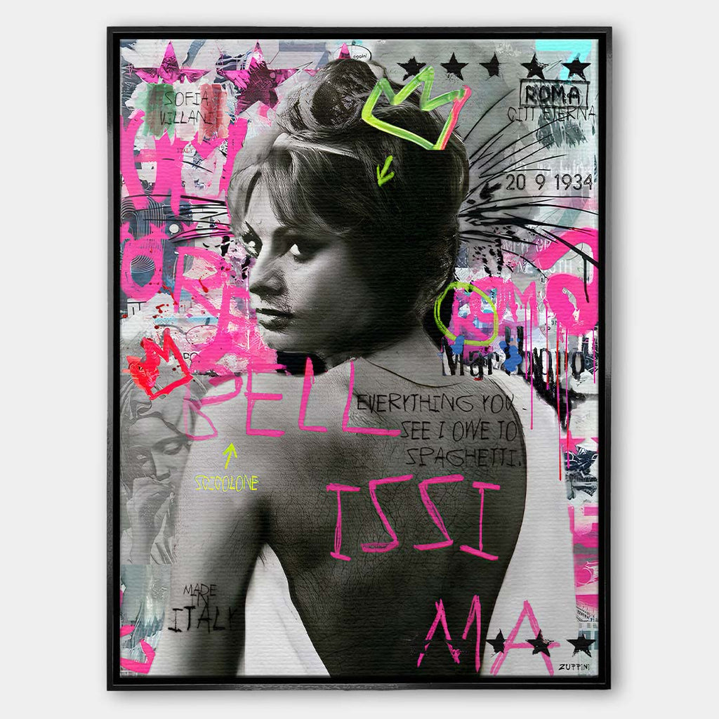 Nowoczesny obraz na płótnie Sophia Loren Spaghetti. Wydruk galeryjny pop art z czarno-białym portretem aktorki, różowym napisem BELLISSIMA i neonową koroną.