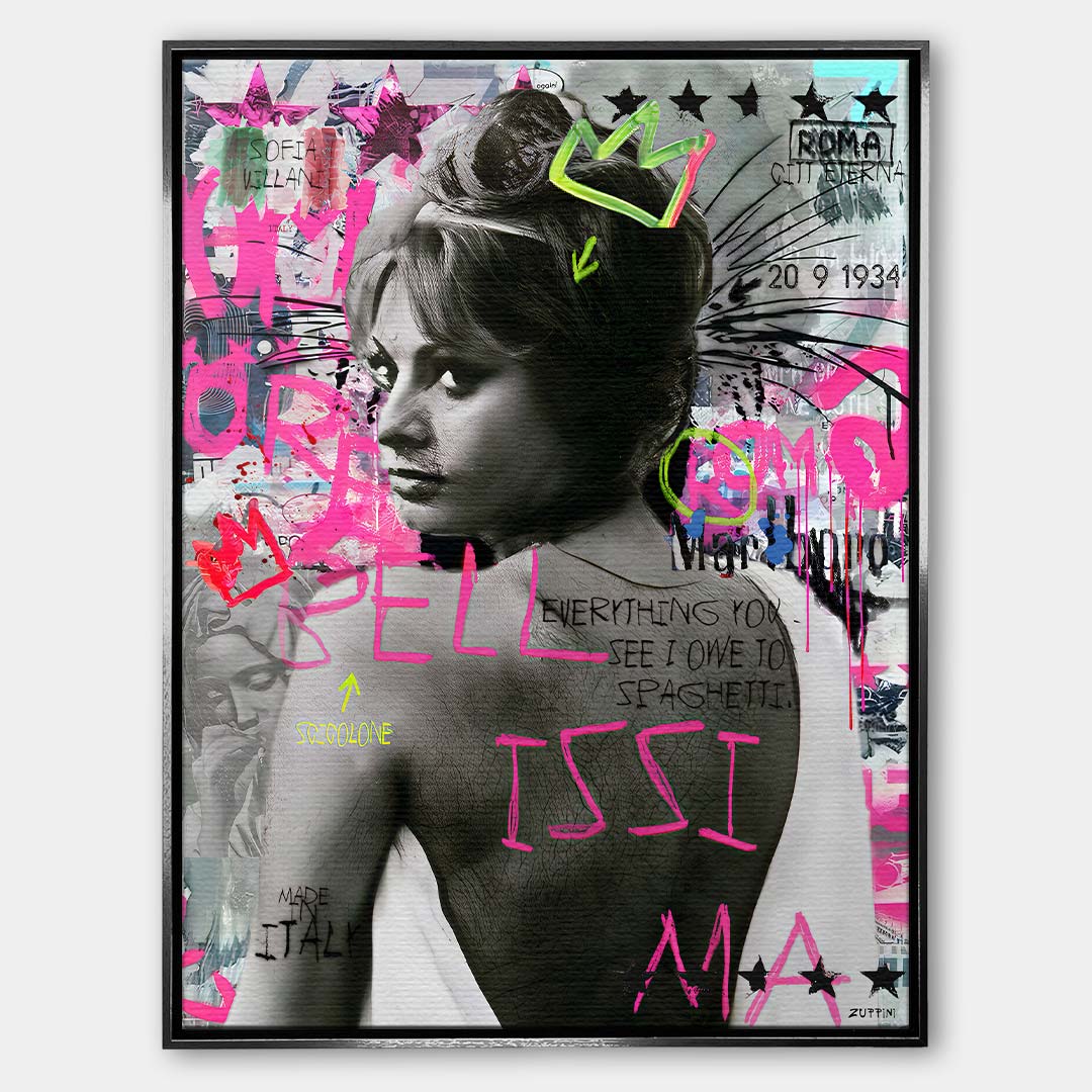 Nowoczesny obraz na płótnie Sophia Loren Spaghetti. Wydruk galeryjny pop art z czarno-białym portretem aktorki, różowym napisem BELLISSIMA i neonową koroną.