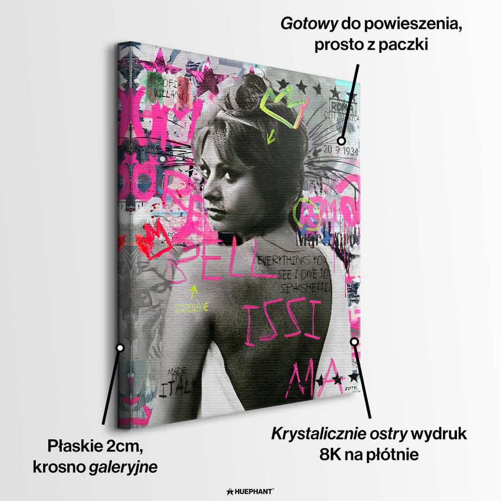 Nowoczesny obraz na płótnie Sophia Loren Spaghetti. Wydruk galeryjny pop art z czarno-białym portretem aktorki, różowym napisem BELLISSIMA i neonową koroną.