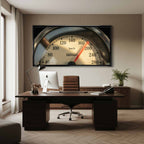 Obraz na płótnie vintage licznik Ferrari. Zbliżenie na prędkościomierz z napisem Ferrari, styl retro, motoryzacja. Limitowana edycja dekoracji ściennej do biura lub salonu.