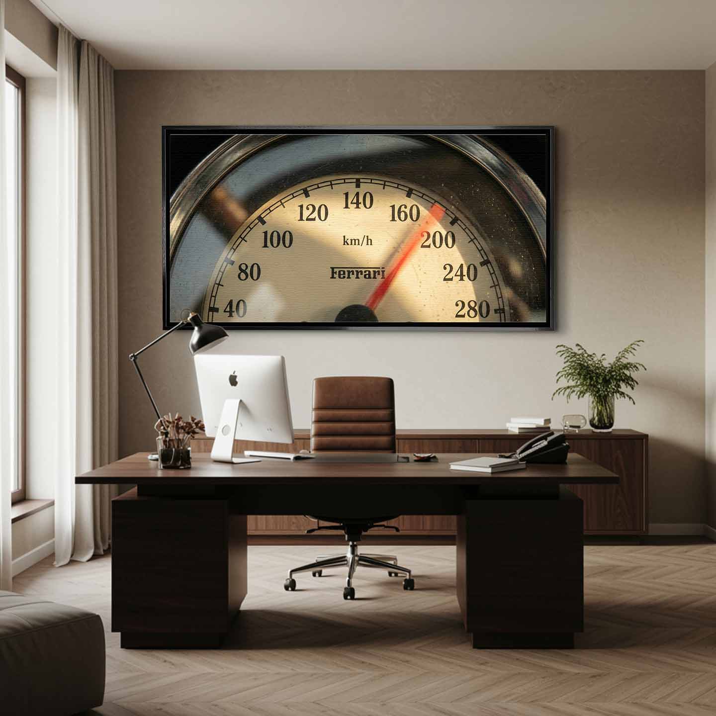 Obraz na płótnie vintage licznik Ferrari. Zbliżenie na prędkościomierz z napisem Ferrari, styl retro, motoryzacja. Limitowana edycja dekoracji ściennej do biura lub salonu.