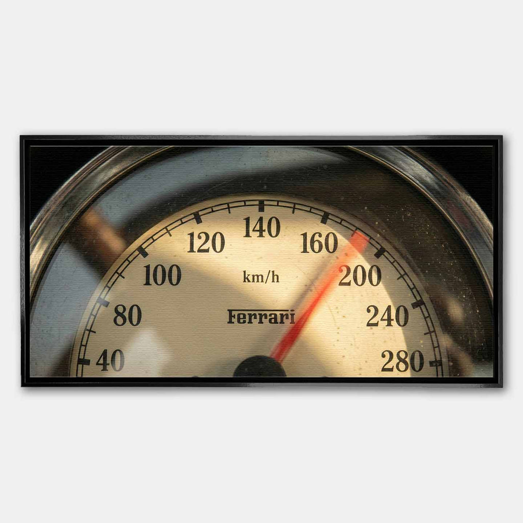 Obraz na płótnie vintage licznik Ferrari. Zbliżenie na prędkościomierz z napisem Ferrari, styl retro, motoryzacja. Limitowana edycja dekoracji ściennej do biura lub salonu.