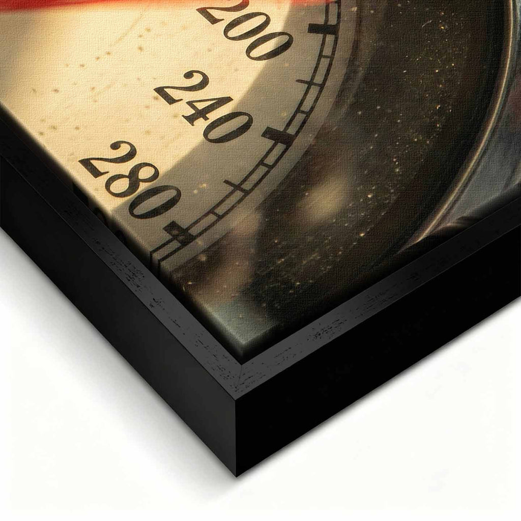 Obraz na płótnie vintage licznik Ferrari. Zbliżenie na prędkościomierz z napisem Ferrari, styl retro, motoryzacja. Limitowana edycja dekoracji ściennej do biura lub salonu.