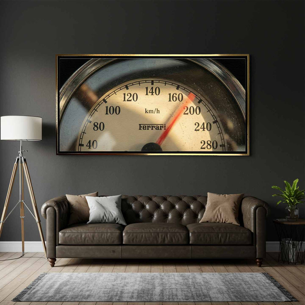 Obraz na płótnie vintage licznik Ferrari. Zbliżenie na prędkościomierz z napisem Ferrari, styl retro, motoryzacja. Limitowana edycja dekoracji ściennej do biura lub salonu.