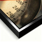 Obraz na płótnie vintage licznik Ferrari. Zbliżenie na prędkościomierz z napisem Ferrari, styl retro, motoryzacja. Limitowana edycja dekoracji ściennej do biura lub salonu.