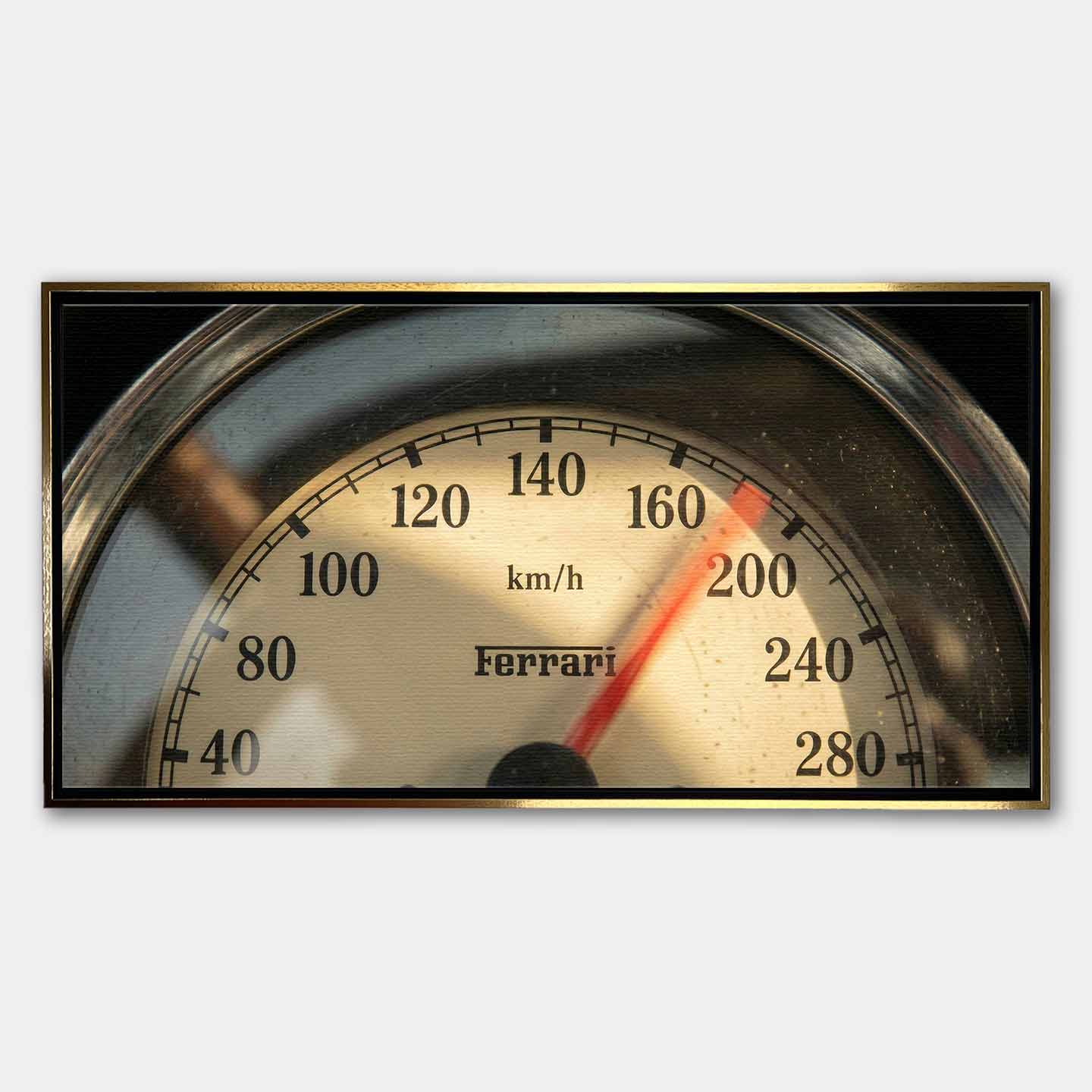 Obraz na płótnie vintage licznik Ferrari. Zbliżenie na prędkościomierz z napisem Ferrari, styl retro, motoryzacja. Limitowana edycja dekoracji ściennej do biura lub salonu.