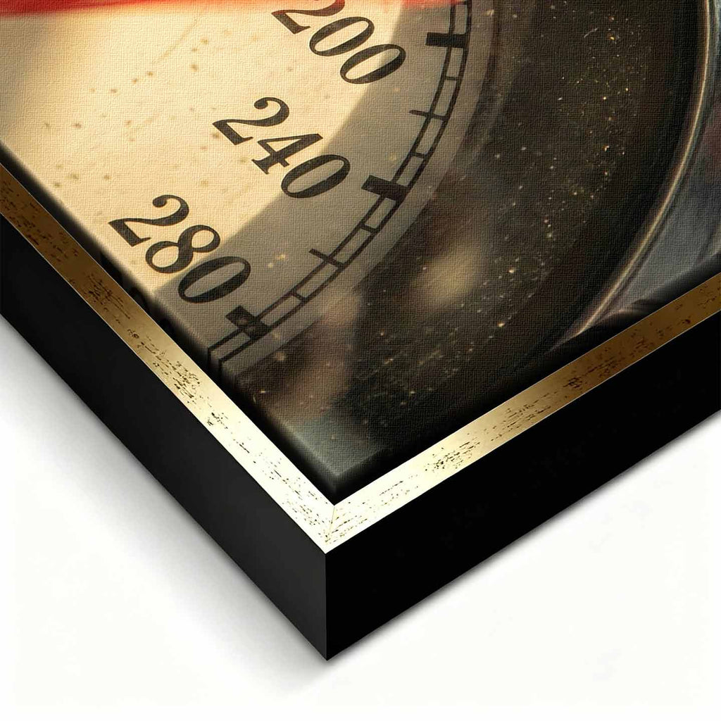 Obraz na płótnie vintage licznik Ferrari. Zbliżenie na prędkościomierz z napisem Ferrari, styl retro, motoryzacja. Limitowana edycja dekoracji ściennej do biura lub salonu.