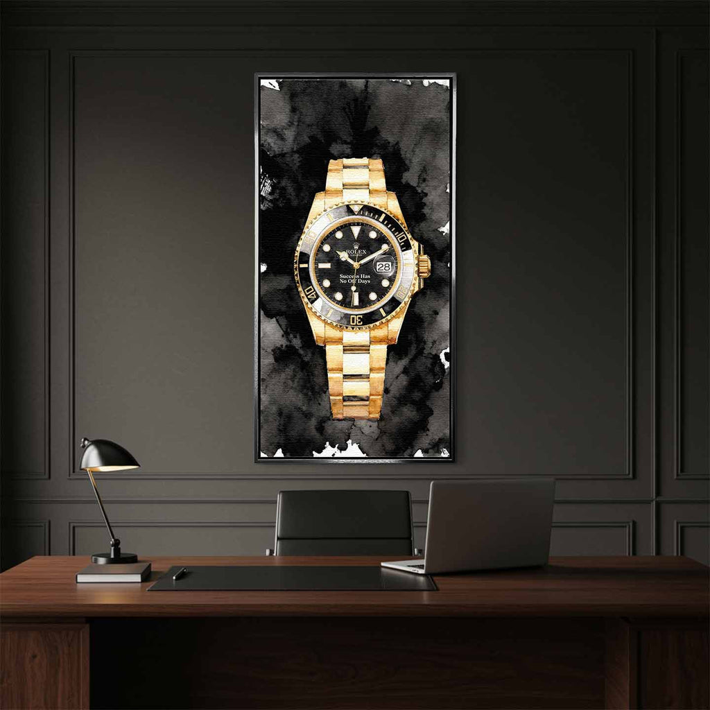 Obraz na płótnie z zegarkiem Rolex Submariner – złoty zegarek z czarną tarczą i napisem Success Has No Off Days, luksusowa dekoracja ścienna Huephant.