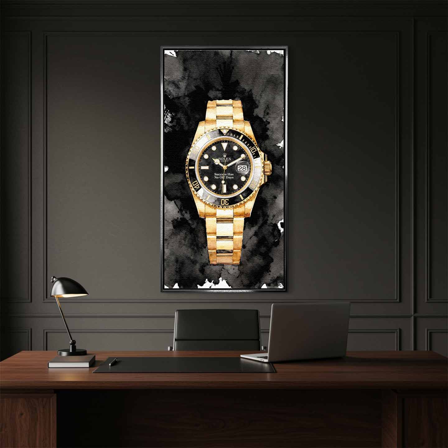 Obraz na płótnie z zegarkiem Rolex Submariner – złoty zegarek z czarną tarczą i napisem Success Has No Off Days, luksusowa dekoracja ścienna Huephant.