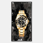 Obraz na płótnie z zegarkiem Rolex Submariner – złoty zegarek z czarną tarczą i napisem Success Has No Off Days, luksusowa dekoracja ścienna Huephant.