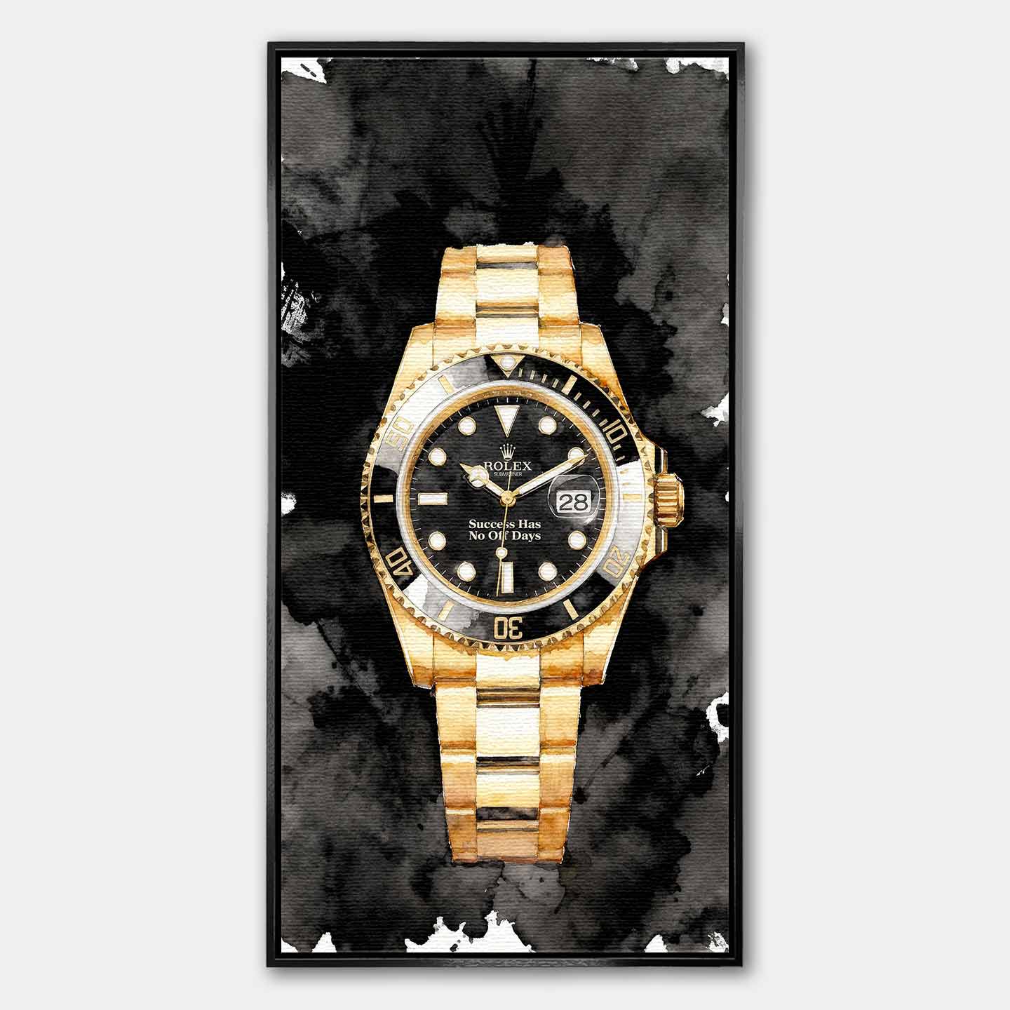 Obraz na płótnie z zegarkiem Rolex Submariner – złoty zegarek z czarną tarczą i napisem Success Has No Off Days, luksusowa dekoracja ścienna Huephant.