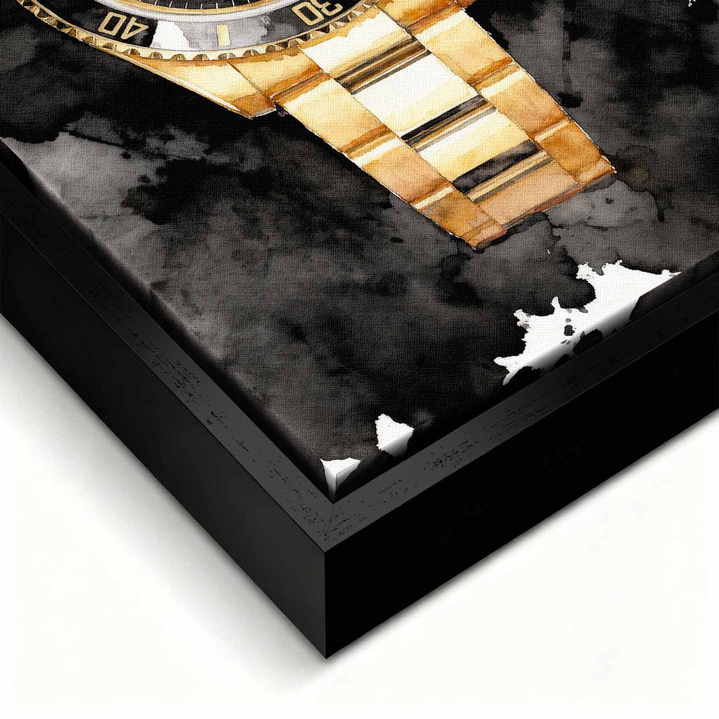 Obraz na płótnie z zegarkiem Rolex Submariner – złoty zegarek z czarną tarczą i napisem Success Has No Off Days, luksusowa dekoracja ścienna Huephant.