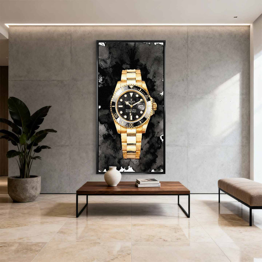 Obraz na płótnie z zegarkiem Rolex Submariner – złoty zegarek z czarną tarczą i napisem Success Has No Off Days, luksusowa dekoracja ścienna Huephant.