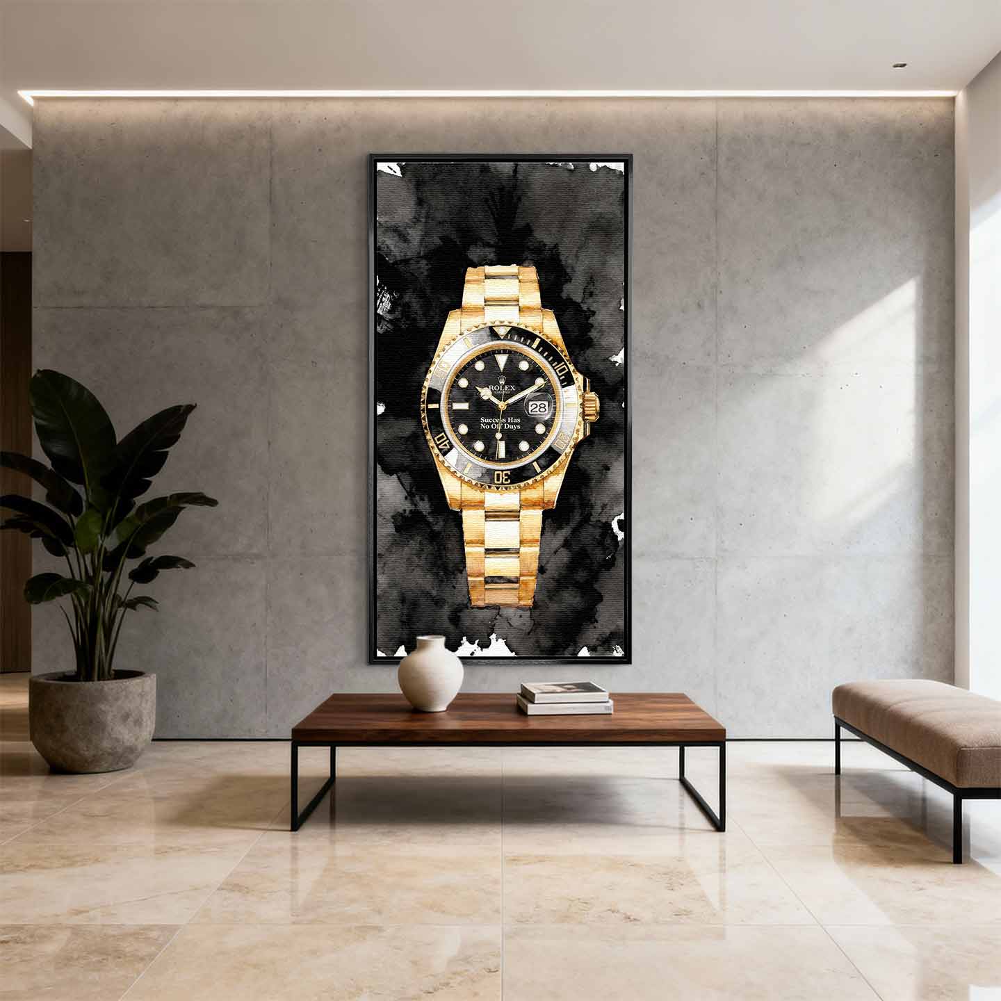 Obraz na płótnie z zegarkiem Rolex Submariner – złoty zegarek z czarną tarczą i napisem Success Has No Off Days, luksusowa dekoracja ścienna Huephant.