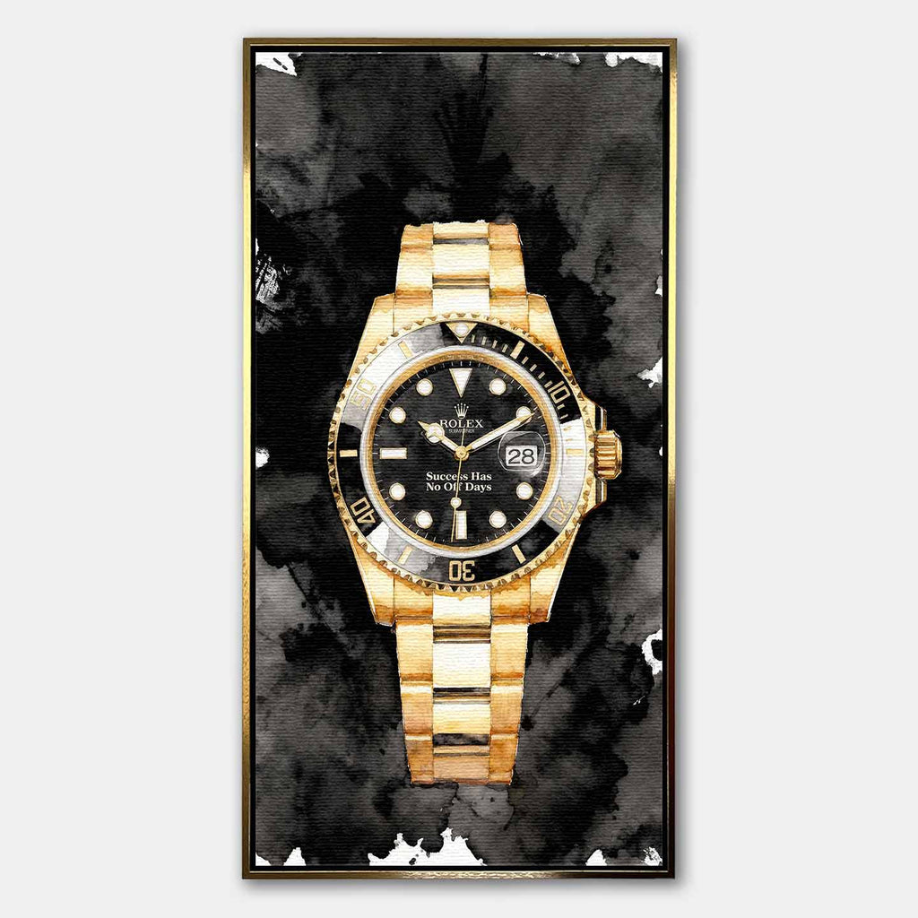 Obraz na płótnie z zegarkiem Rolex Submariner – złoty zegarek z czarną tarczą i napisem Success Has No Off Days, luksusowa dekoracja ścienna Huephant.