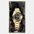 Obraz na płótnie z zegarkiem Rolex Submariner – złoty zegarek z czarną tarczą i napisem Success Has No Off Days, luksusowa dekoracja ścienna Huephant.