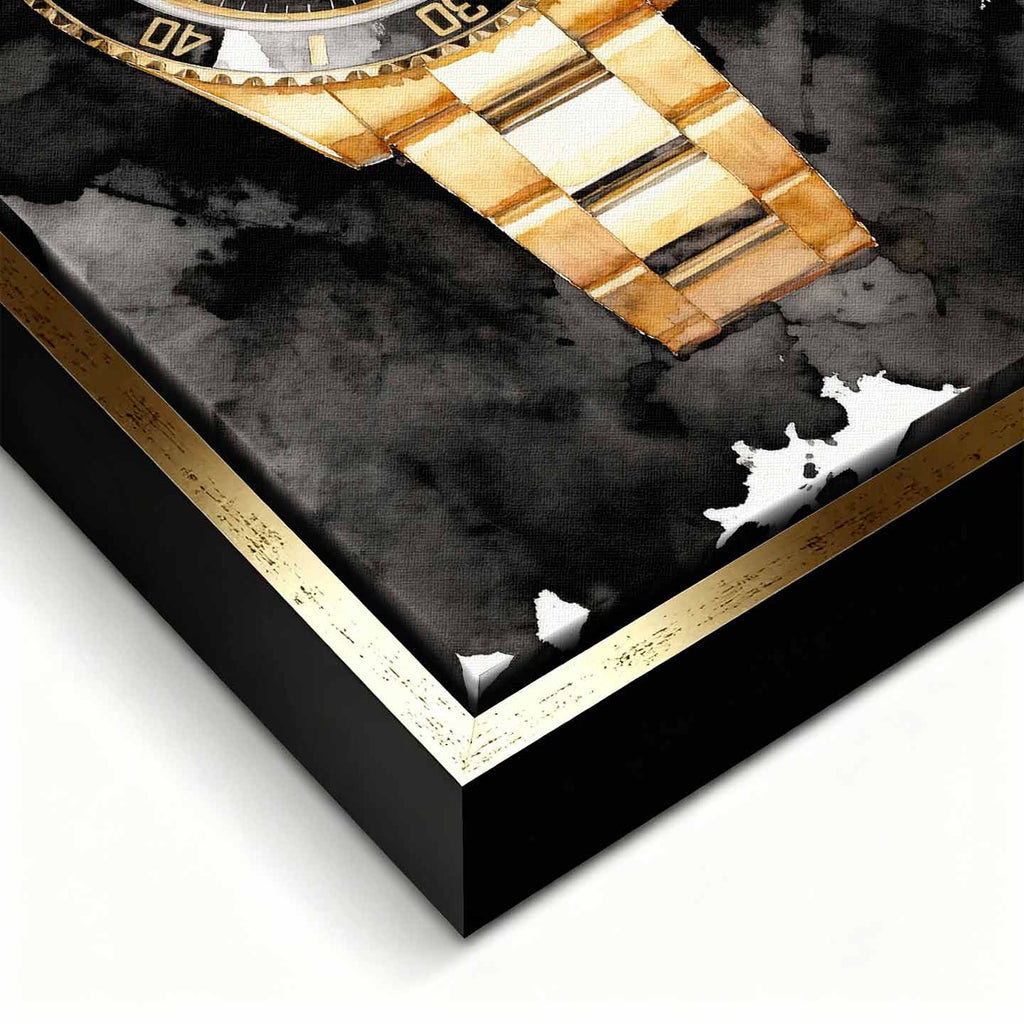 Obraz na płótnie z zegarkiem Rolex Submariner – złoty zegarek z czarną tarczą i napisem Success Has No Off Days, luksusowa dekoracja ścienna Huephant.