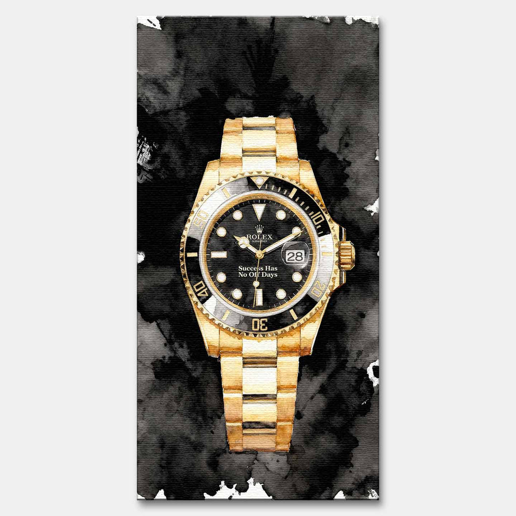 Obraz na płótnie z zegarkiem Rolex Submariner – złoty zegarek z czarną tarczą i napisem Success Has No Off Days, luksusowa dekoracja ścienna Huephant.