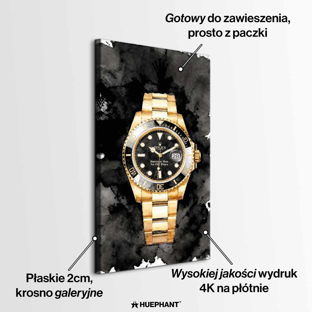 Obraz na płótnie Success Has No Off Days z luksusowym złotym zegarkiem na czarnym tle, elegancki wydruk galeryjny do biura i salonu.