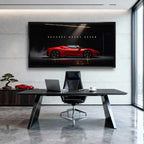 Obraz na płótnie Success Needs Speed z czerwonym Ferrari SF90 w ciemnym wnętrzu, symbolizujący luksus, determinację i szybkość w dążeniu do sukcesu.