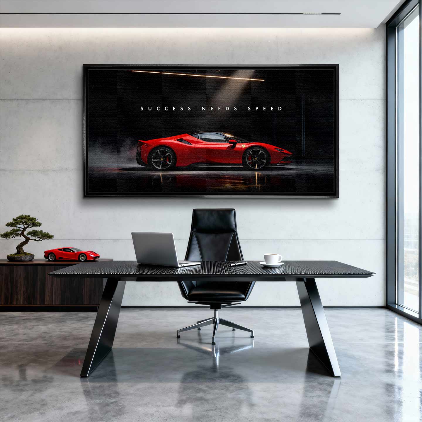 Obraz na płótnie Success Needs Speed z czerwonym Ferrari SF90 w ciemnym wnętrzu, symbolizujący luksus, determinację i szybkość w dążeniu do sukcesu.