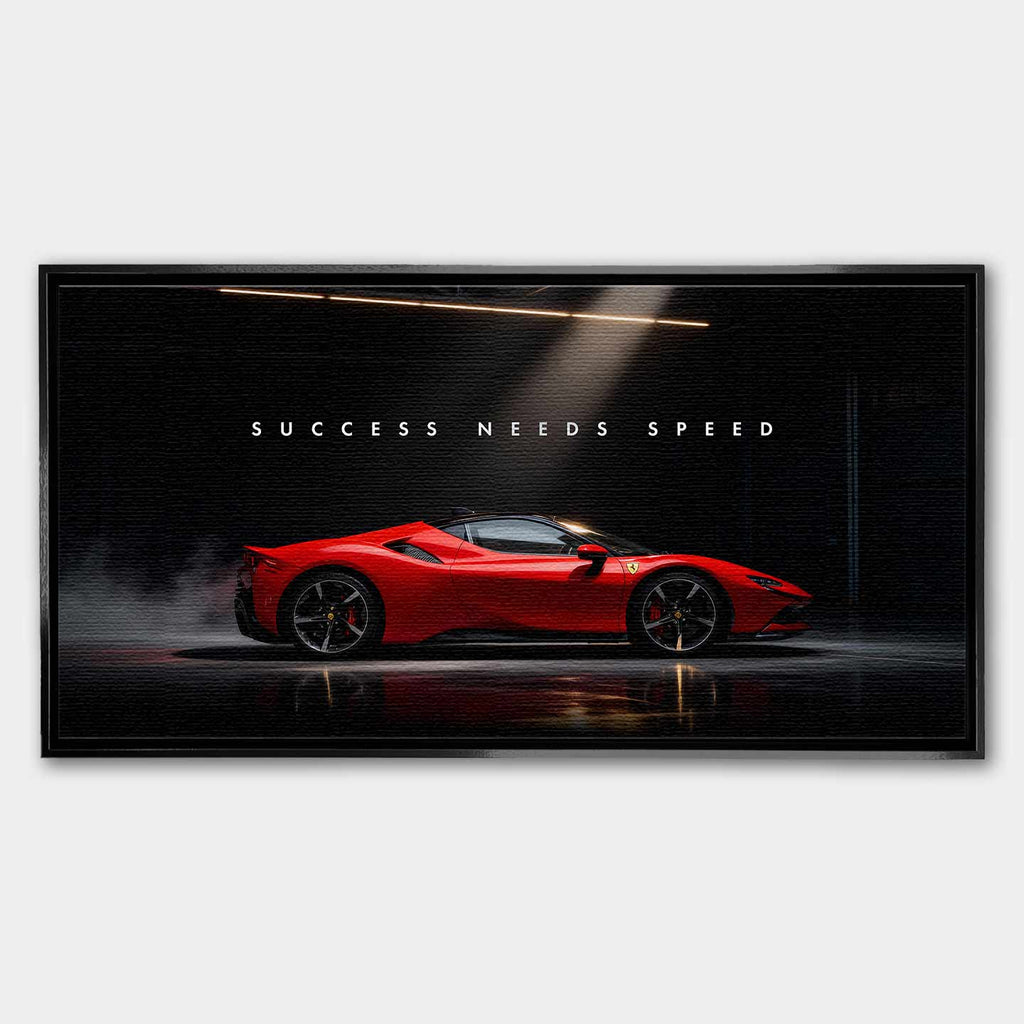 Obraz na płótnie Success Needs Speed z czerwonym Ferrari SF90 w ciemnym wnętrzu, symbolizujący luksus, determinację i szybkość w dążeniu do sukcesu.