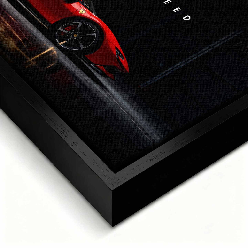 Obraz na płótnie Success Needs Speed z czerwonym Ferrari SF90 w ciemnym wnętrzu, symbolizujący luksus, determinację i szybkość w dążeniu do sukcesu.