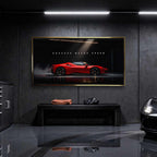 Obraz na płótnie Success Needs Speed z czerwonym Ferrari SF90 w ciemnym wnętrzu, symbolizujący luksus, determinację i szybkość w dążeniu do sukcesu.