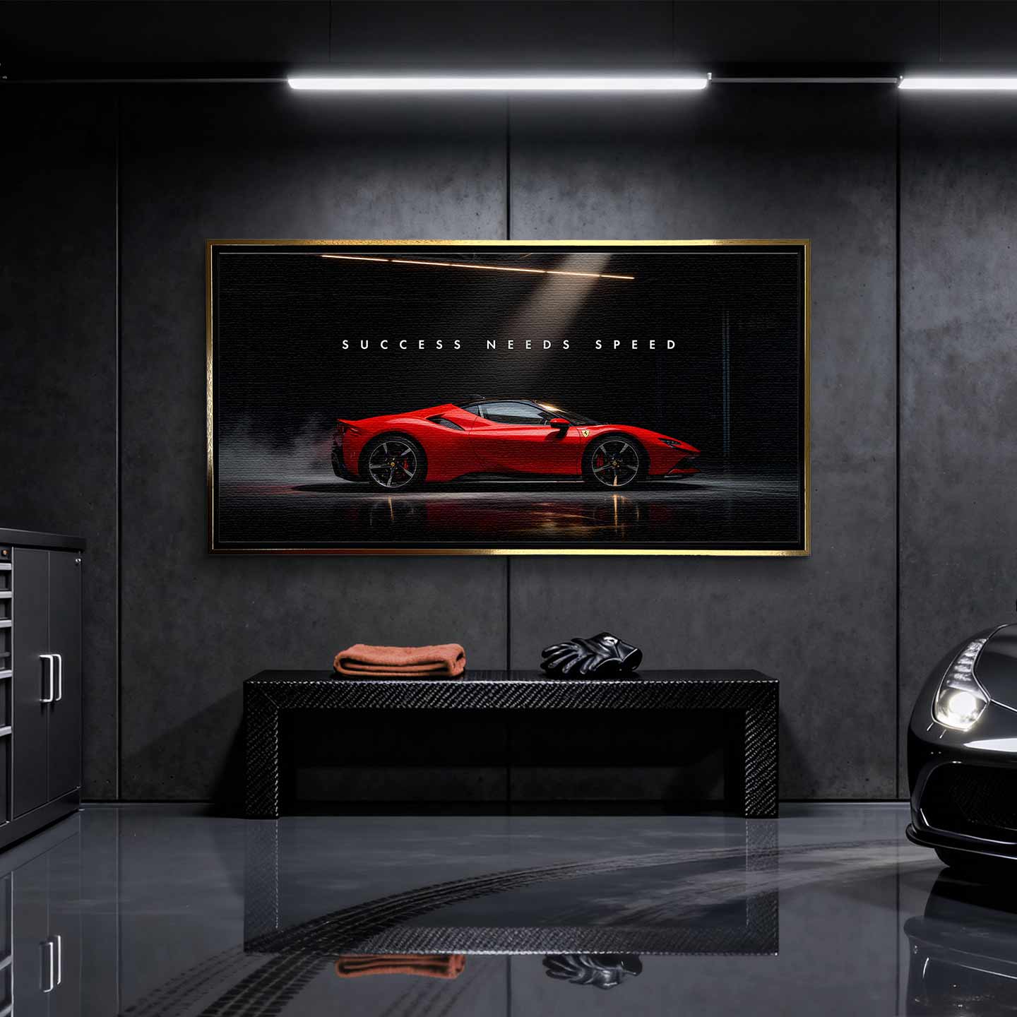 Obraz na płótnie Success Needs Speed z czerwonym Ferrari SF90 w ciemnym wnętrzu, symbolizujący luksus, determinację i szybkość w dążeniu do sukcesu.
