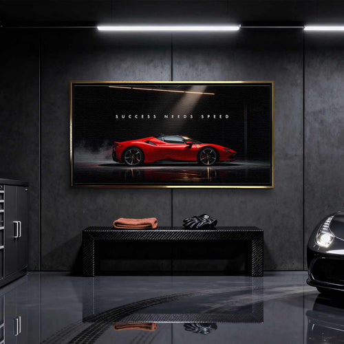 Obraz na płótnie Success Needs Speed z czerwonym Ferrari SF90 w ciemnym wnętrzu, symbolizujący luksus, determinację i szybkość w dążeniu do sukcesu.