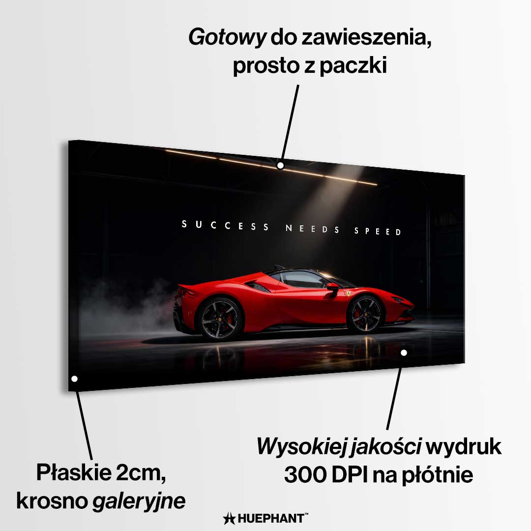 Obraz na płótnie Success Needs Speed z czerwonym Ferrari SF90 w ciemnym wnętrzu, symbolizujący luksus, determinację i szybkość w dążeniu do sukcesu.