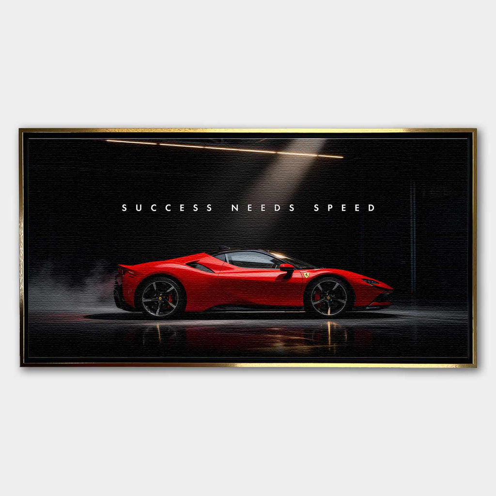 Obraz na płótnie Success Needs Speed z czerwonym Ferrari SF90 w ciemnym wnętrzu, symbolizujący luksus, determinację i szybkość w dążeniu do sukcesu.