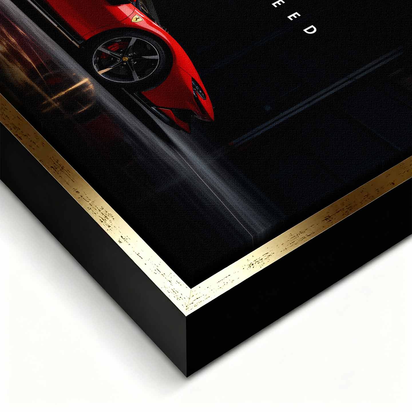 Obraz na płótnie Success Needs Speed z czerwonym Ferrari SF90 w ciemnym wnętrzu, symbolizujący luksus, determinację i szybkość w dążeniu do sukcesu.