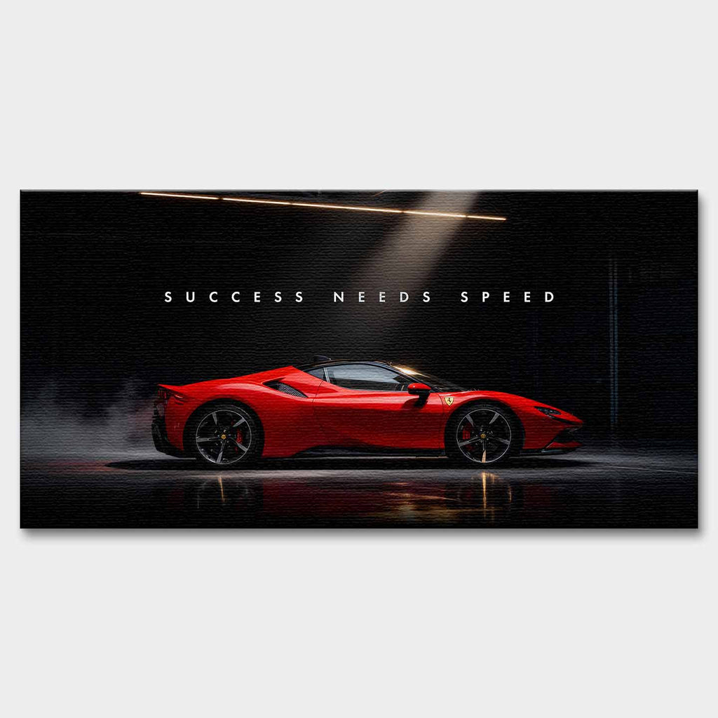 Obraz na płótnie Success Needs Speed z czerwonym Ferrari SF90 w ciemnym wnętrzu, symbolizujący luksus, determinację i szybkość w dążeniu do sukcesu.