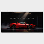 Obraz na płótnie Success Needs Speed z czerwonym Ferrari SF90 w ciemnym wnętrzu, symbolizujący luksus, determinację i szybkość w dążeniu do sukcesu.