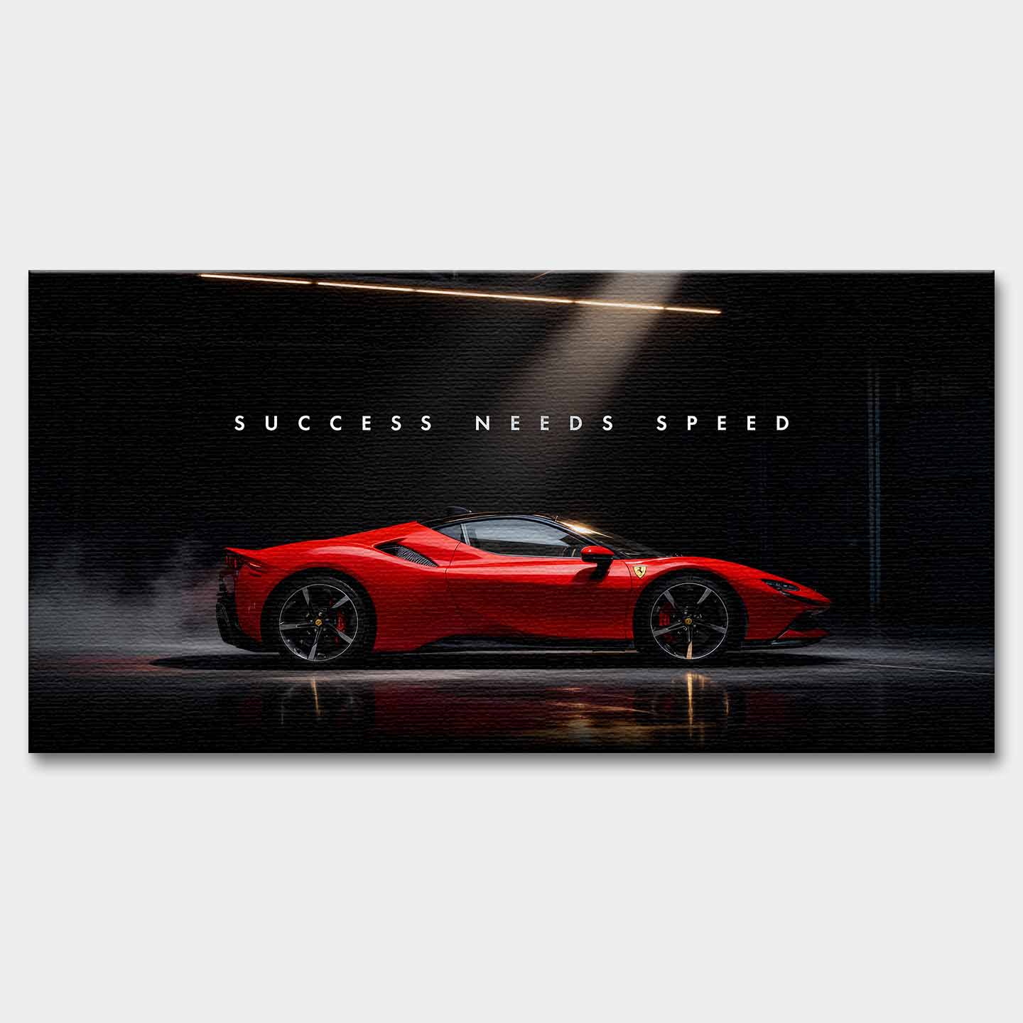 Obraz na płótnie Success Needs Speed z czerwonym Ferrari SF90 w ciemnym wnętrzu, symbolizujący luksus, determinację i szybkość w dążeniu do sukcesu.