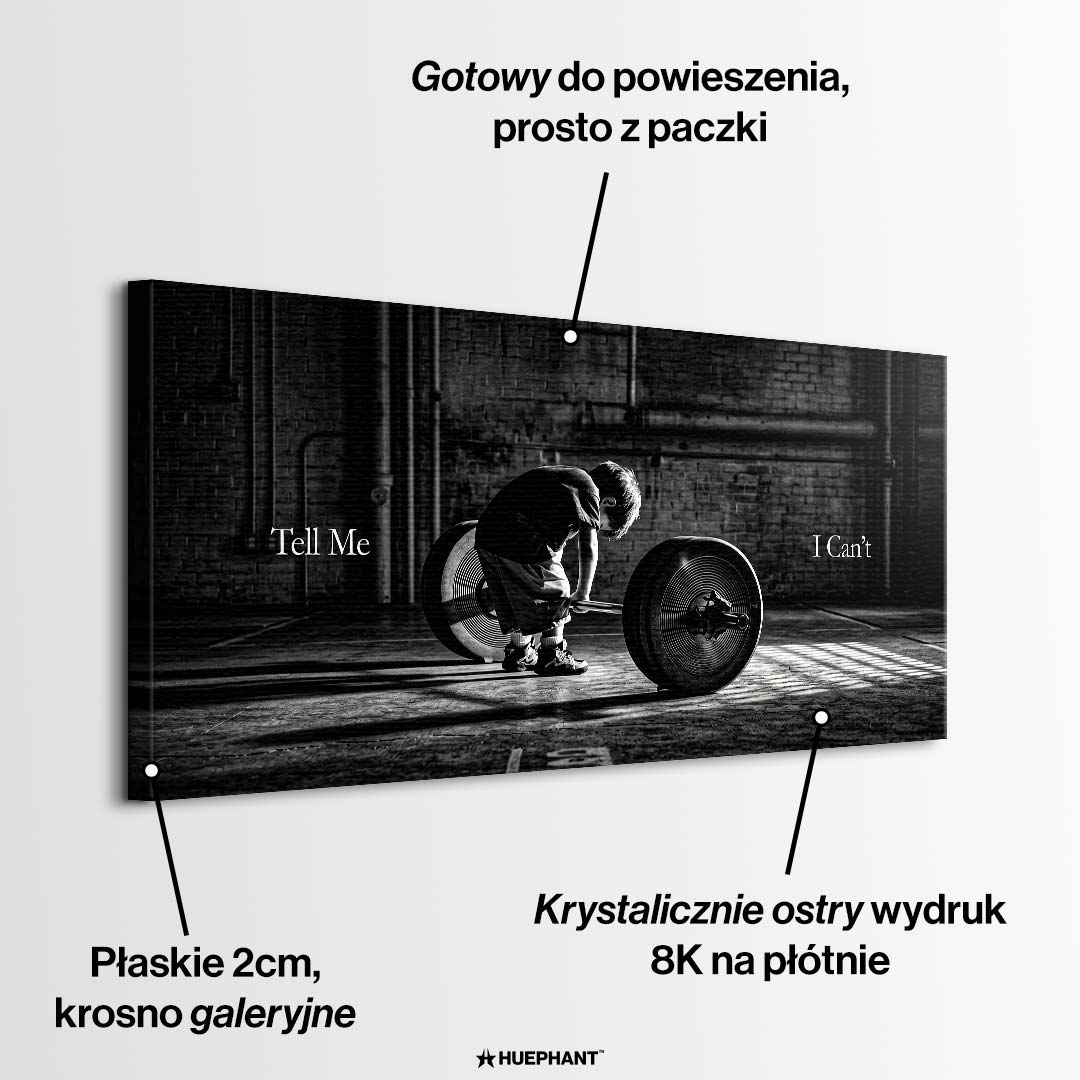 Czarno-biały motywacyjny obraz na płótnie przedstawiający dziecko podnoszące sztangę, styl sztuka nowoczesna, wydruk galeryjny Huephant.
