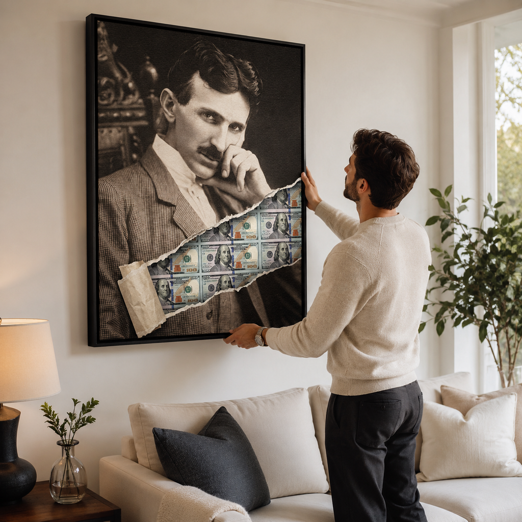 Nowoczesny obraz na płótnie Tesla Dollar przedstawiający portret Nikoli Tesli z efektem przedarcia odsłaniającego banknoty dolarowe, wydruk galeryjny.